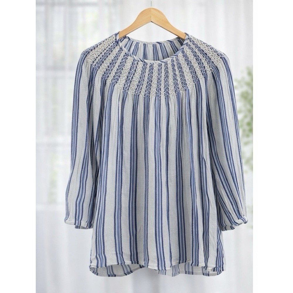 J.Jill Popover Top Blue White Stripes With Gold Metallic Thread Pintucked Neck L